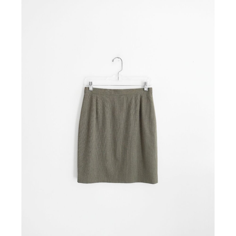 Vtg 90s Escada Margaretha Ley Khaki Green Micro Herringbone Wool Pencil Skirt 6